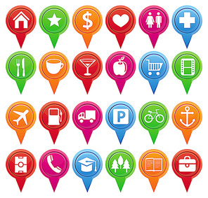 Set of bright vector markers for map and plan with navigational icons