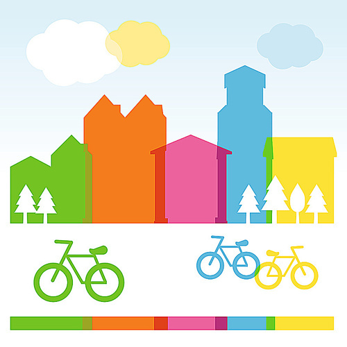 Vector design cocnept with modern buildings and bicycles