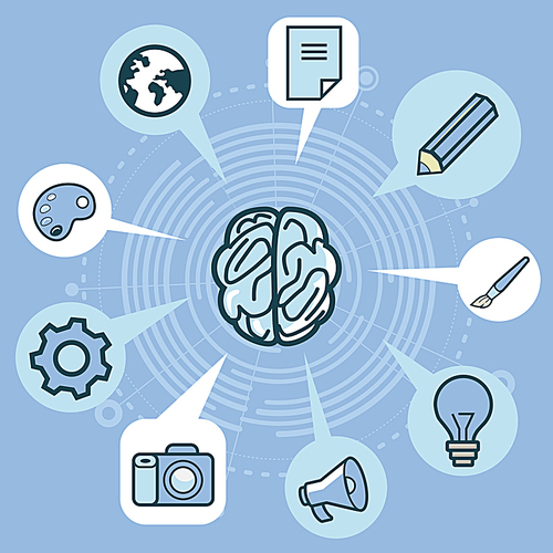 Vector creativity concept - brain and icons in blue color