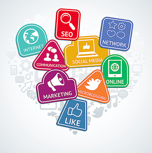 Vector stickers with social media and internet  marketing icons - web concept