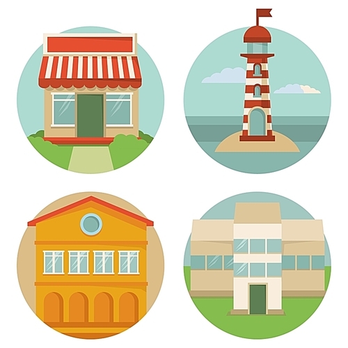 Vector building icons - round emblems with illustrations in flat retro style