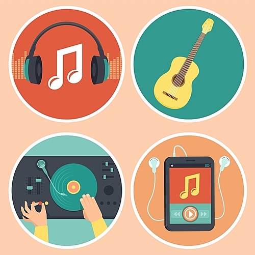Vector music icons and signs in flat style - headphones|guitar|turntable and mp3 player