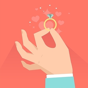 Vector valentine day greeting card in flat style - male hands holding engagement ring  in flat style