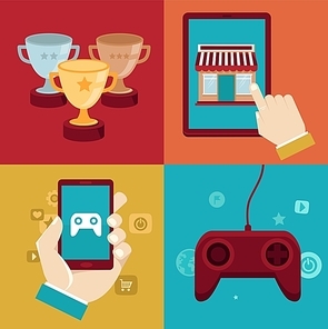 Vector gamification concepts - digital device with touchscreen and game interface on it with award and achievement icons on background