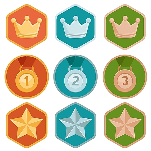 Vector gamification icons in flat trendy style - three winning places in gold|silver and bronze - crown|medal and star