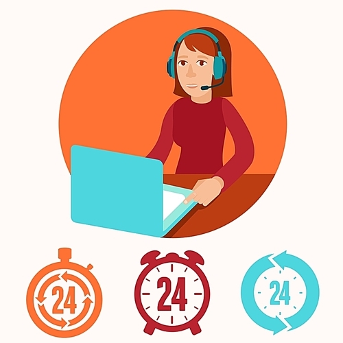 Customer support operator - vector character in flat style. Woman with phone headset smiling  and working at her laptop