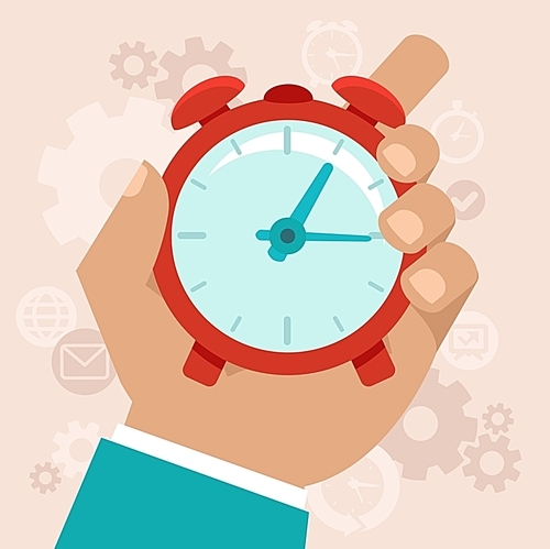 Time management. Vector modern illustration in flat style with male hand holding stopwatch