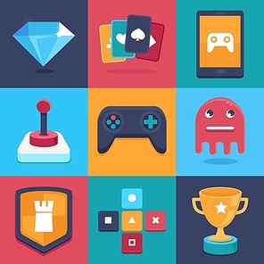 Vector online and mobile game icons and signs - concepts for apps - trendy illustrations in flat style
