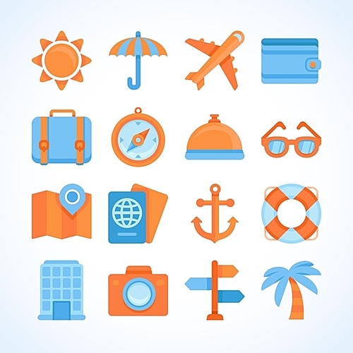 Flat vector icon set of travel symbols|travelling and vacation design elements elements and signs