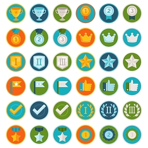 Vector set of 36 flat gamification icons - achievement badges in trendy style for apps and websites|involvement in participation in online business and education