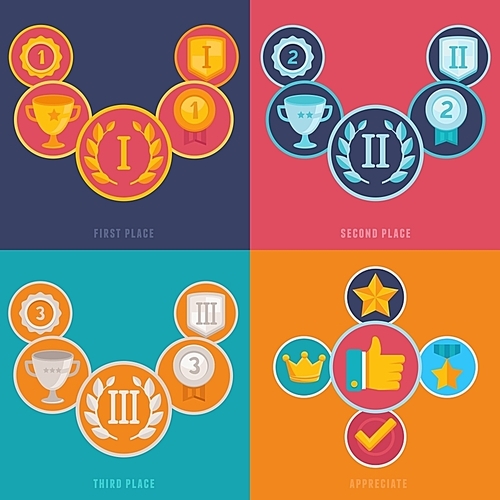 Vector gamification icons and signs in flat style - first|second and third places and prizes - achievement badges