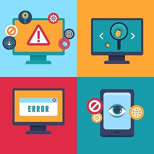 Vector flat icons and illustrations - internet security and virus warning - computer attack and virus infection