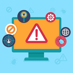 Vector flat icons and illustrations - internet security and virus warning - computer attack and virus infection