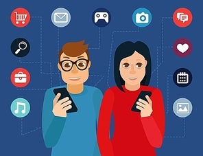 Vector man wearing glasses and woman in flat style - social media addiction concept
