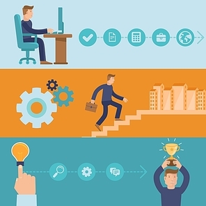 Vector infographic design elements and icons - career and business - cartoon man working and achieving success