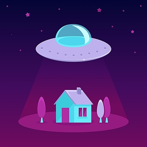 Vector ufo cartoon illustration in flat style - flying saucer over a house and trees