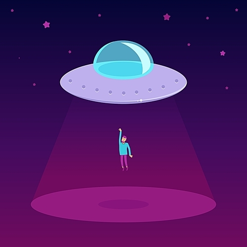 Vector ufo cartoon illustration in flat style - - flying saucer kidnapping a man