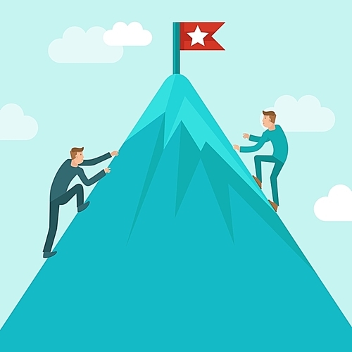 Vector business competition concept in flat style - business man climbing up the mountain to achieve success