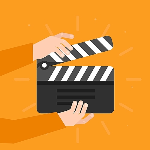 Two hands holding a cinema clapper in flat style - movie concept