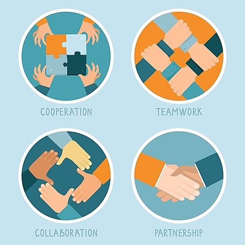 Vector teamwork and cooperation concept in flat style - partnership and collaboration icons - businessmen hands