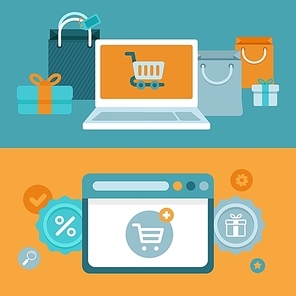 Vector internet shopping concept in flat style - marketing and e-commerce icons and sign on horizontal banners - shopping bags and computer