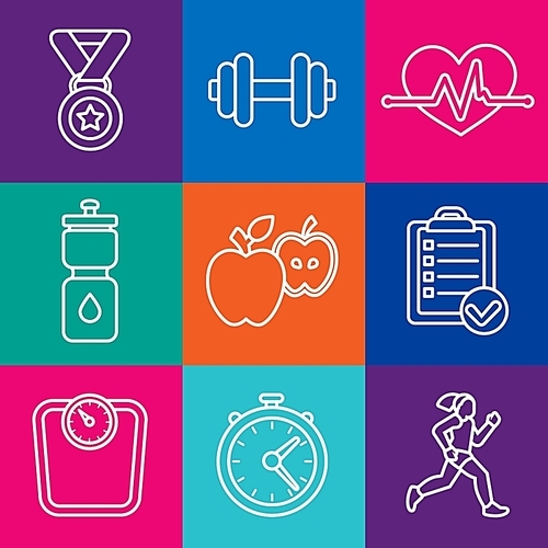 Vector set of fitness icons and achievement badges in flat outline style - healthy lifestyle and dieting