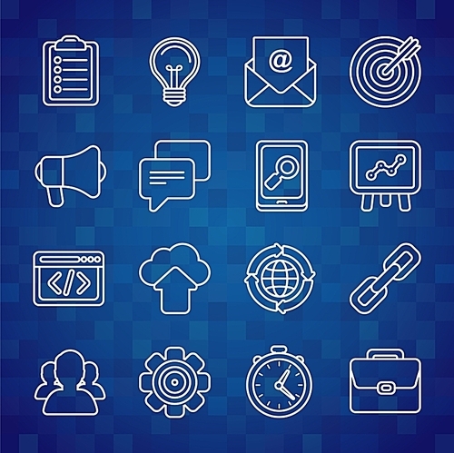 Flat vector icon set of SEO symbols|internet marketing design elements and online business signsls in outline style
