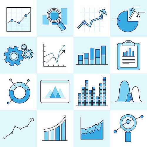 Vector set of business graphs and diagrams in outline style - investment and growth concept