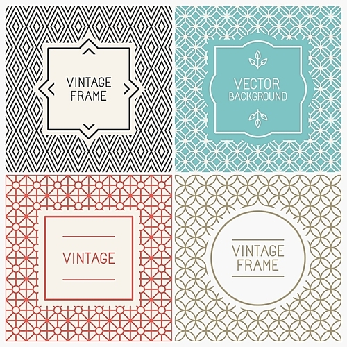 Vector mono line graphic design templates - labels and badges on decorative backgrounds with simple patterns
