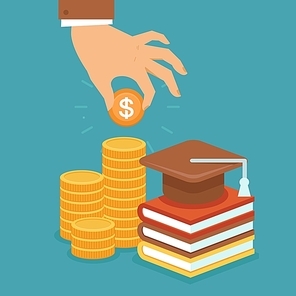Vector invest in education concept in flat style - stack of coins and book with university hat