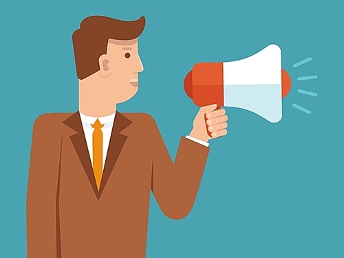 Vector marketing and advertising concept in flat style - businessman holding loudspeaker