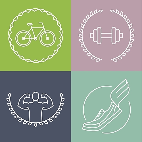Vector sport logos in outline style - set of badges and design elements for fitness clubs