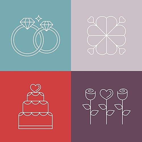 Vector wedding icons in outline style - logo design template for engagement invitation