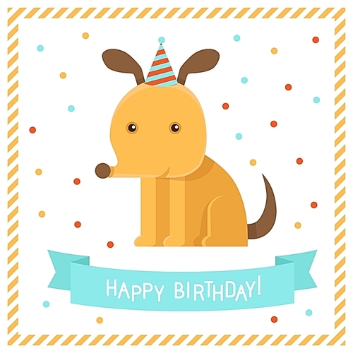 Vector greeting card in flat style with funny dog - happy birthday