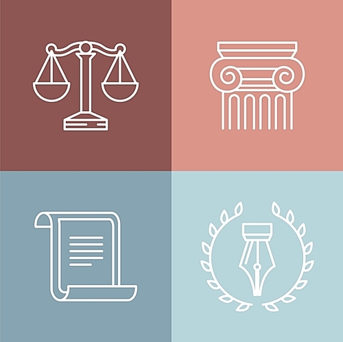 Vector set of juridical and legal logos and signs - line icons