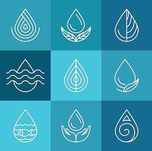 Set of water symbols and signs - abstract logo templates and line icons
