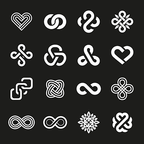 Vector set of abstract line logos and infinity signs - graphic design elements and emblems on black background