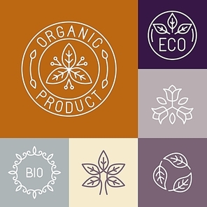 Vector organic product label in outline style - floral logos and design elements
