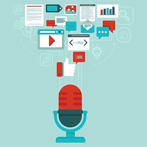 Vector podcast concept in flat style - microphone and audio icons and signs