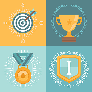 Vector achievement badges and emblems in flat style - success concepts and icons