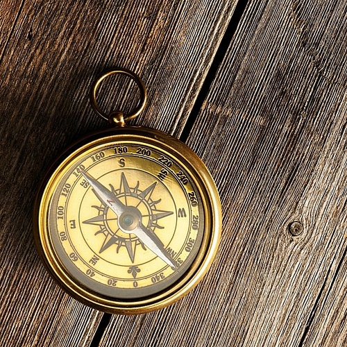 Antique brass compass over wooden background