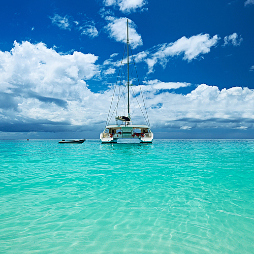 Beautiful beach with boat at Seychelles|Praslin|Anse Lazio