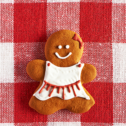 Christmas homemade gingerbread girl on tablecloth