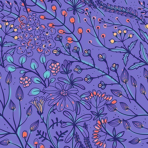 vector floral seamless pattern with herbs and plants on a violet background