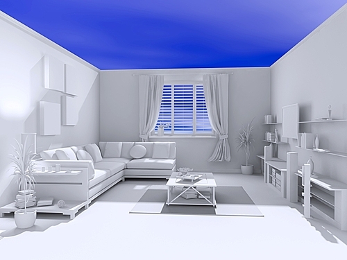 the open blank interior over blue sky background (3D)