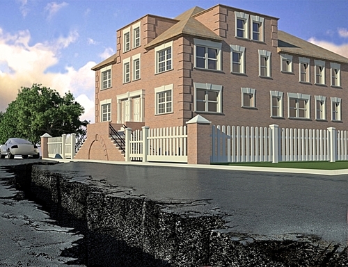 crack in the road|the sign of an earthquake near the house (3D illustration)