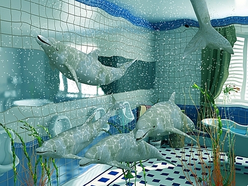 the dolphins in bathroom interior (3D rendering)