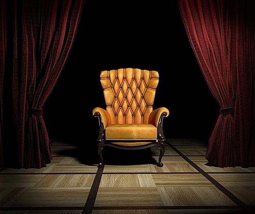 luxury leather armchair and red curtain above interior (3D)