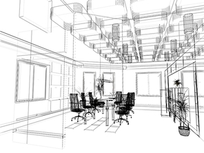 the modern office interior design sketch (3d render)