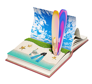 Open book with a tropical beach inside. 3d concept